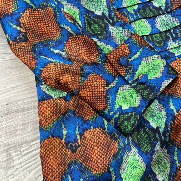 Uterqüe Midi Dress Multicolor Snake Print Long Sleeve Ruched Waist Large - Picture 3 of 8